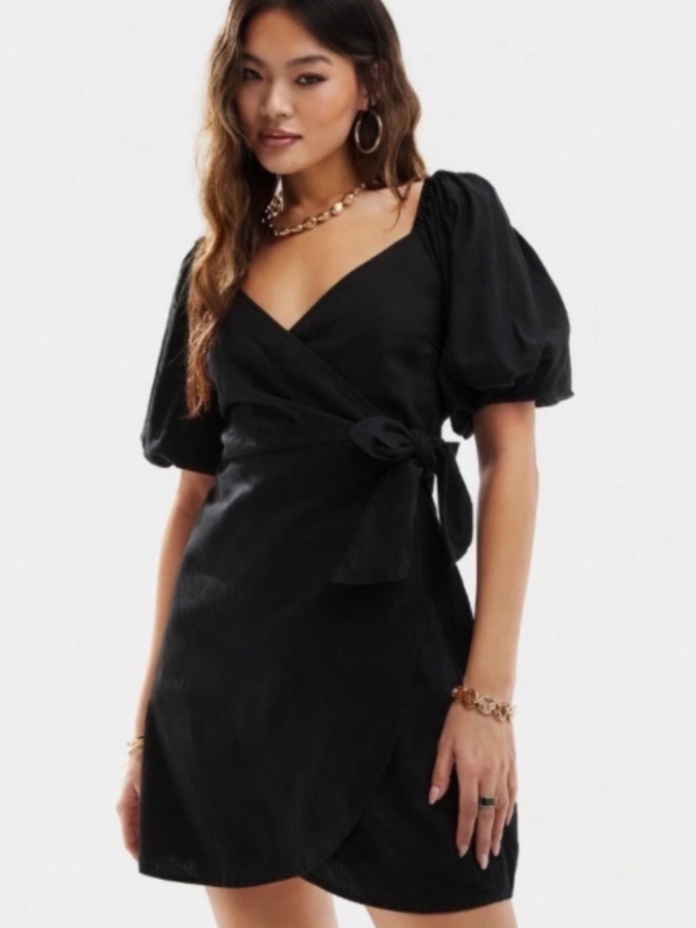 Abercrombie & Fitch Black Linen Blend Puff Sleeve Wrap Mini Dress